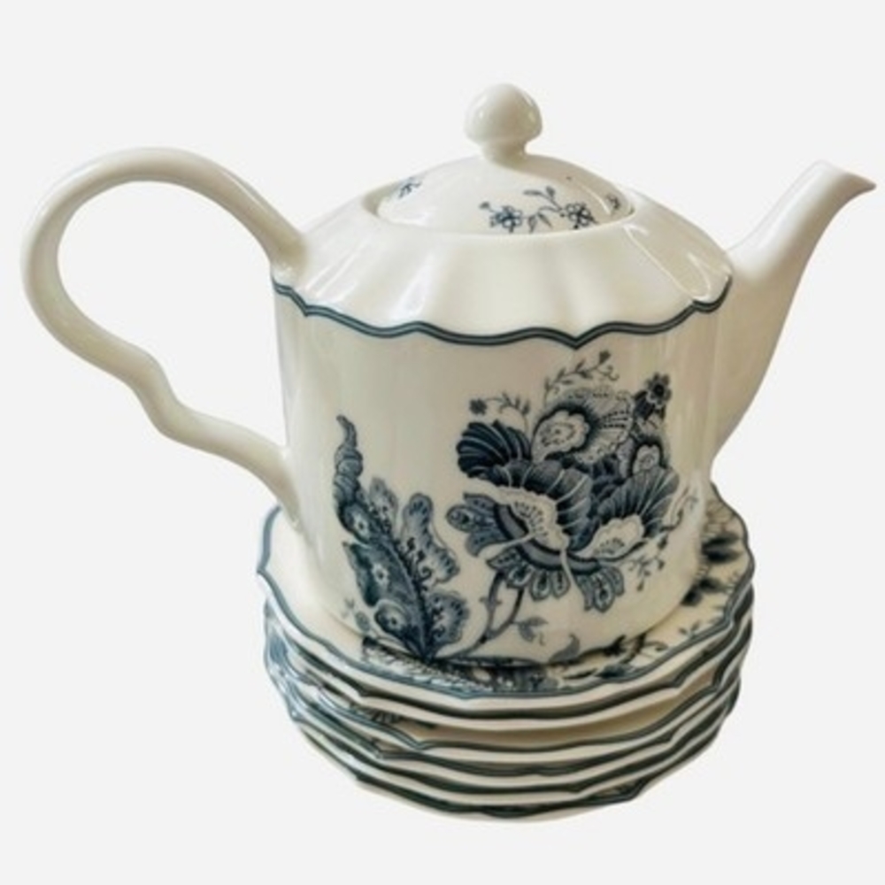 Vintage Gabrielle Grey Blue White Floral Porcelain Teapot 6 Saucer Set Indonesia